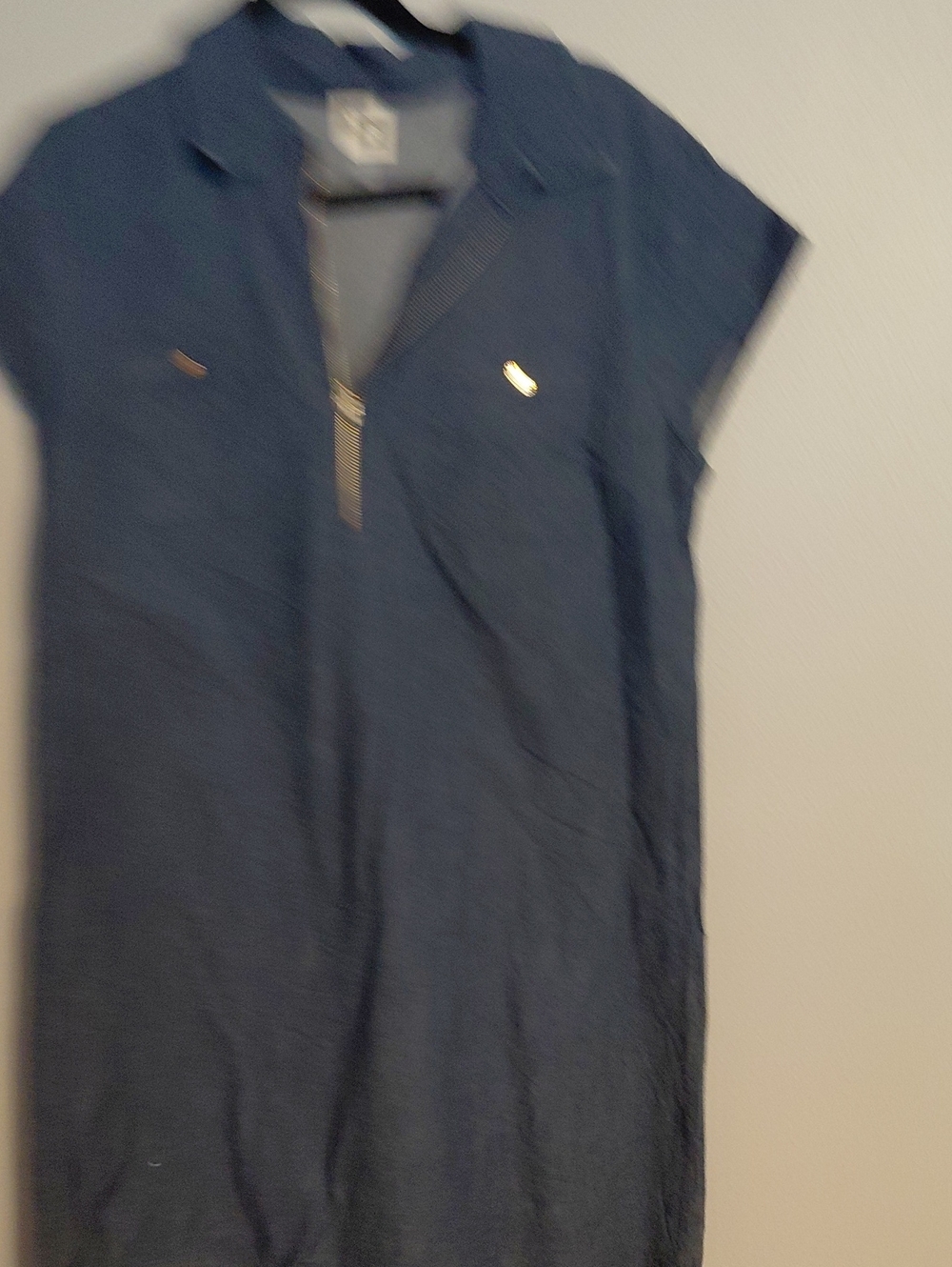 Anne Klein Navy Short-Sleeve Zip-Front Midi Dress with Gold Accents